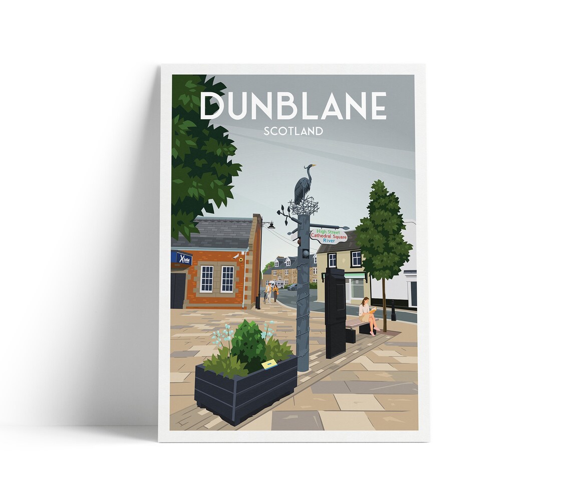 Dunblane Scotland Travel Poster Heron Signpost High Street Scene Art