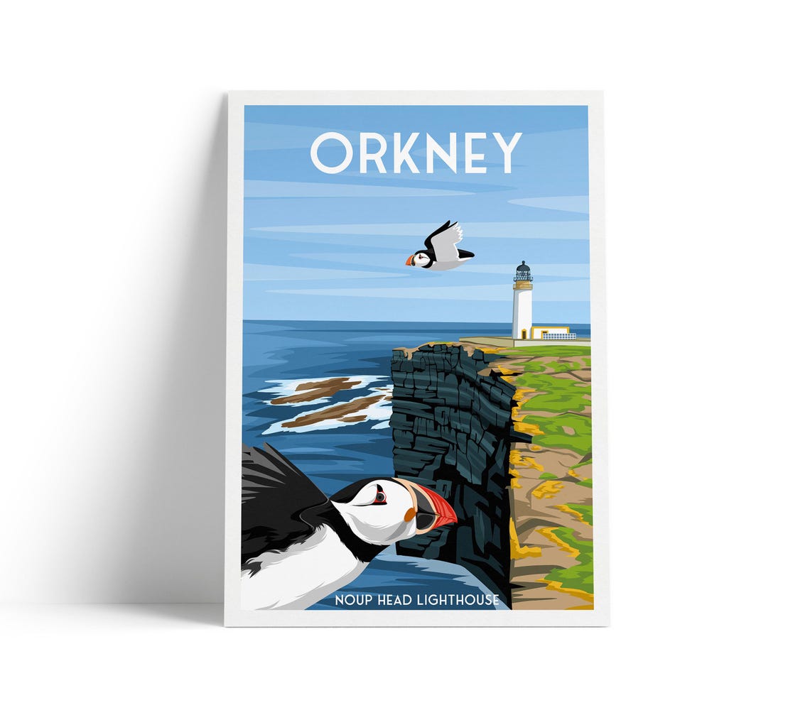 Orkney Noup Head Lighthouse Puffins Sea Cliffs Travel Poster