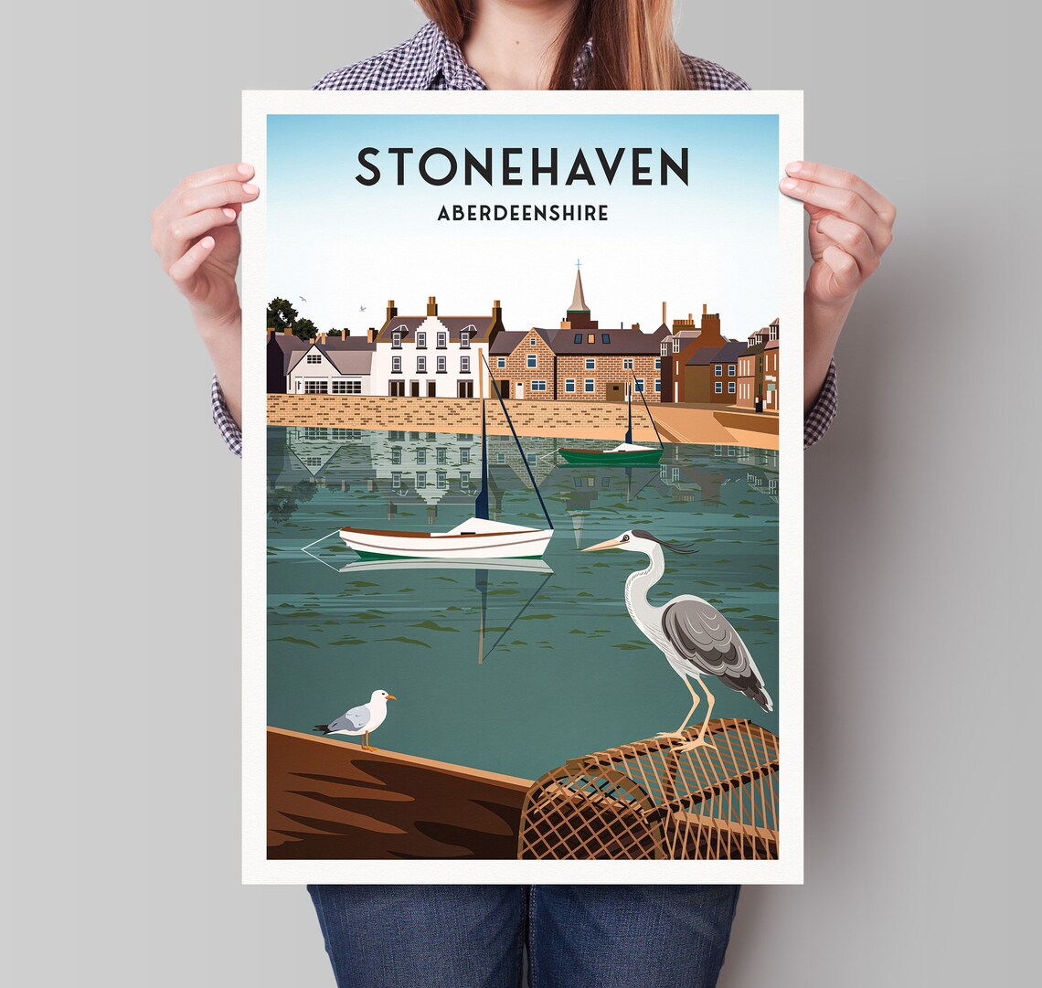 Stonehaven Harbour Heron Travel Poster, Aberdeenshire