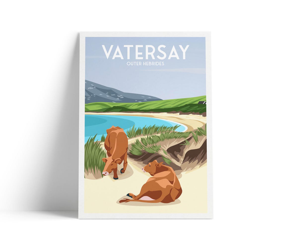 Vatersay Outer Hebrides Highland Cows Beach Retro Travel Poster