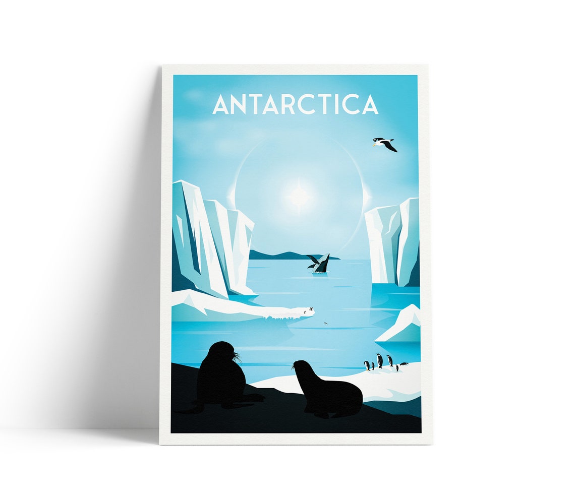 Antarctica Icebergs Seals Penguins Whale Retro Polar Travel Poster