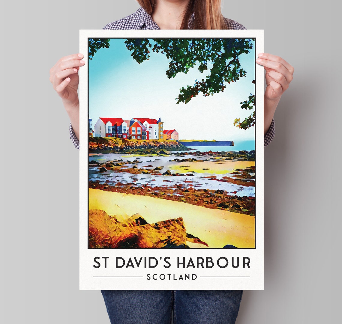 St Davids Harbour Scotland Seaside Village Retro Travel Poster
