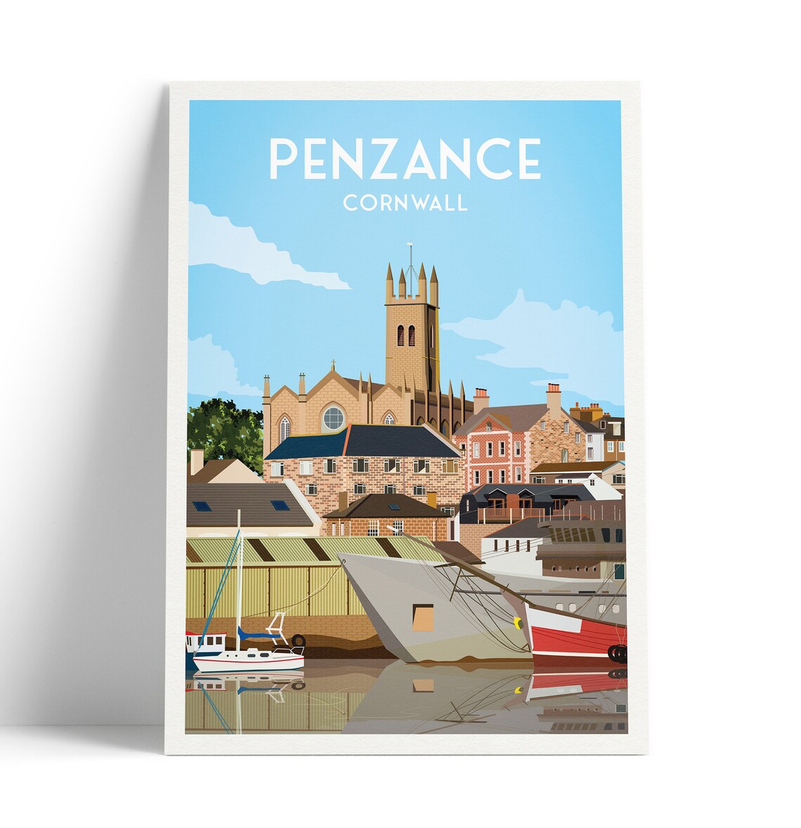 Penzance Cornwall Travel Poster with Church and Harbor Boats