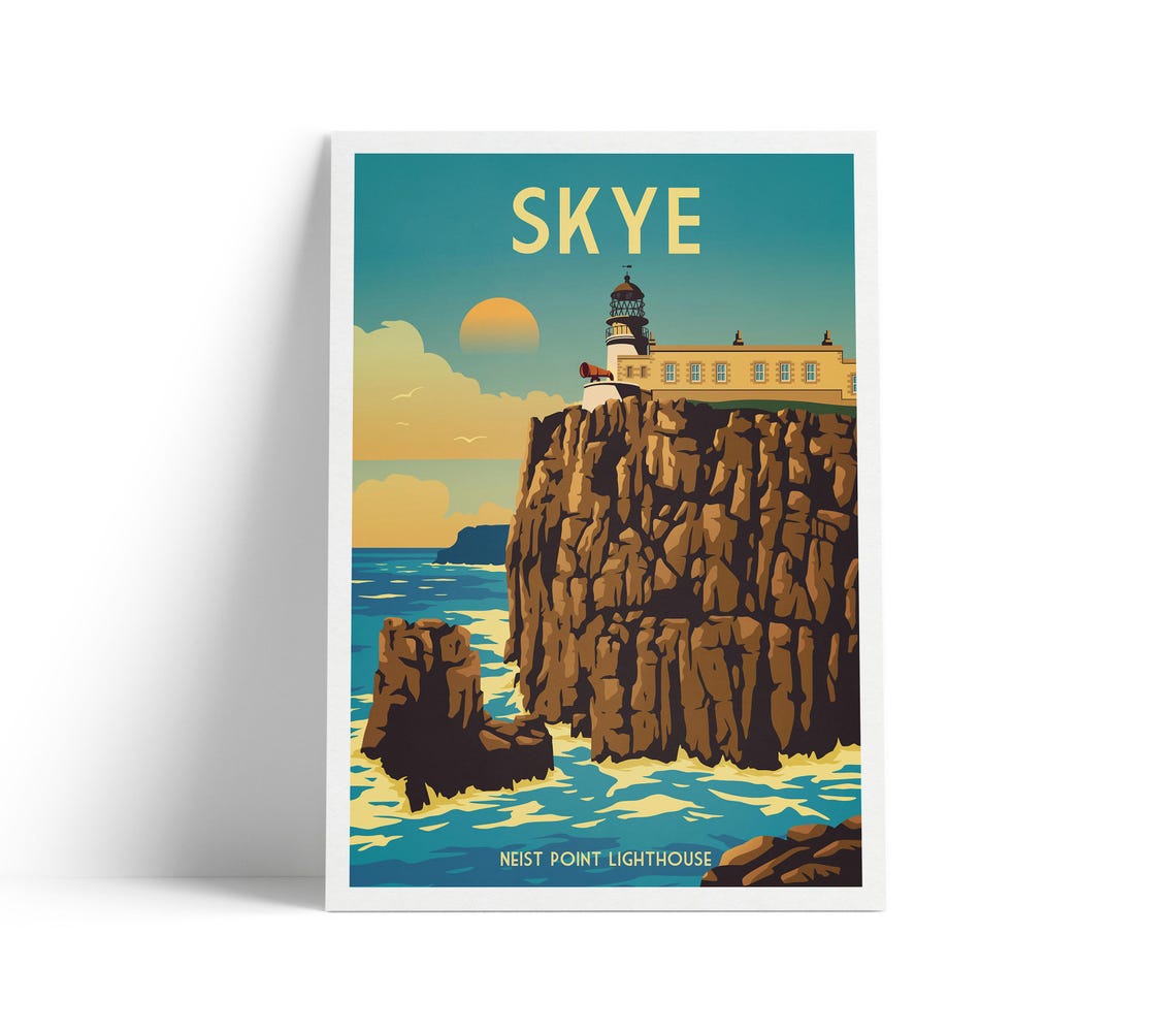 Isle of Skye Neist Point Lighthouse Retro Scotland Sunset Poster