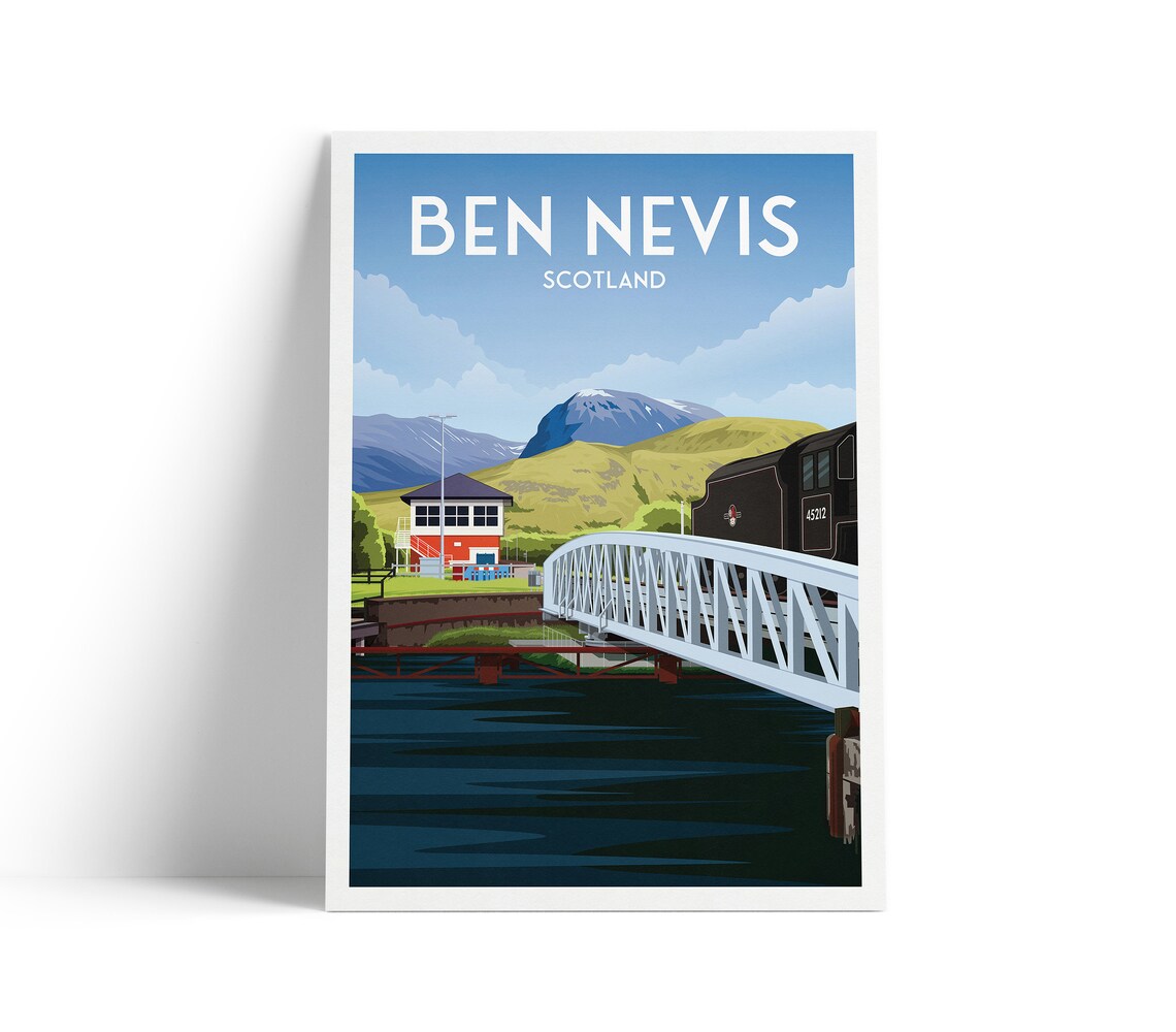 Ben Nevis Scotland Travel Poster Steam Train Banavie Bridge Canal Art