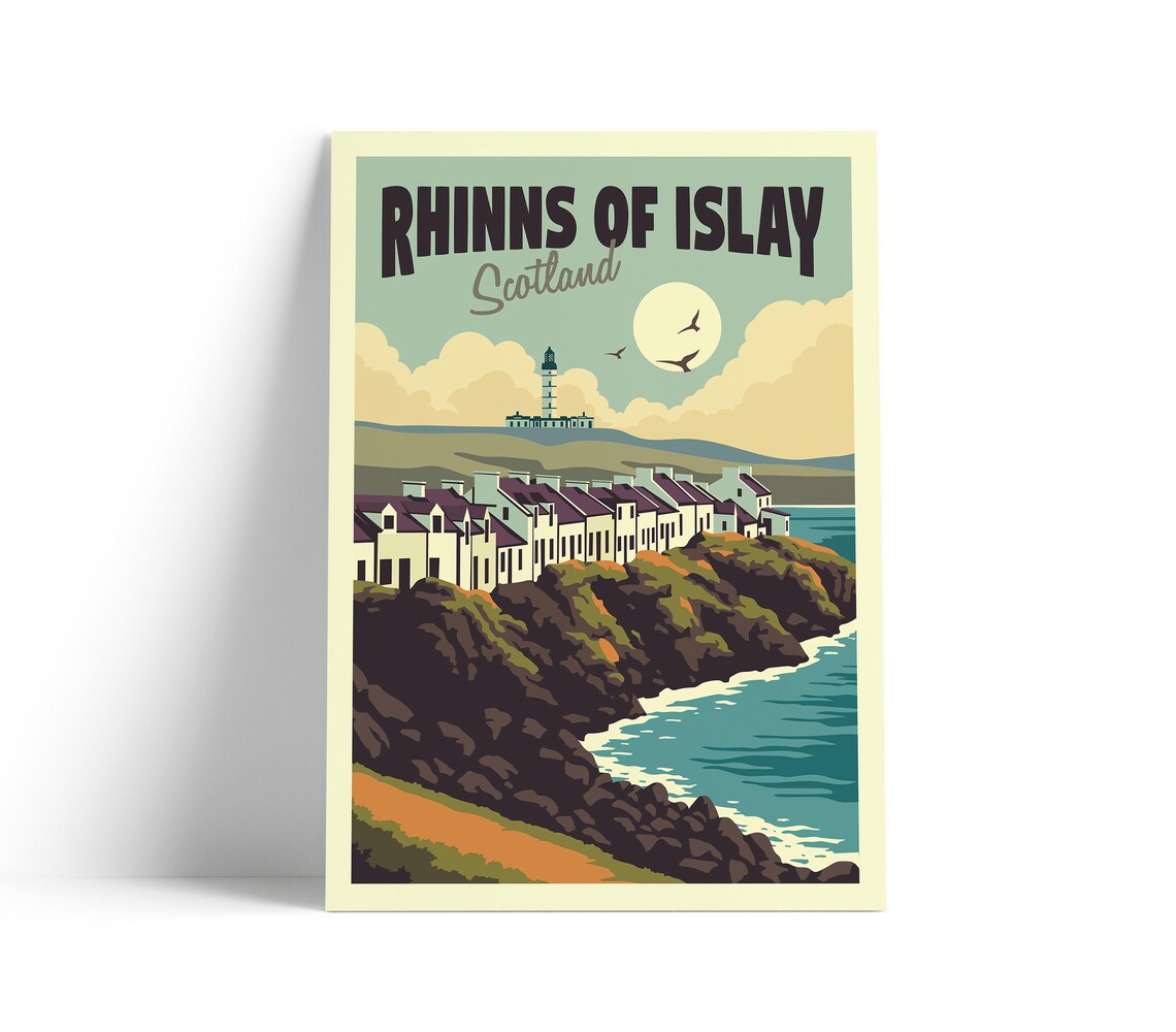 Rhinns of Islay Scotland Vintage Coastal Village Travel Poster