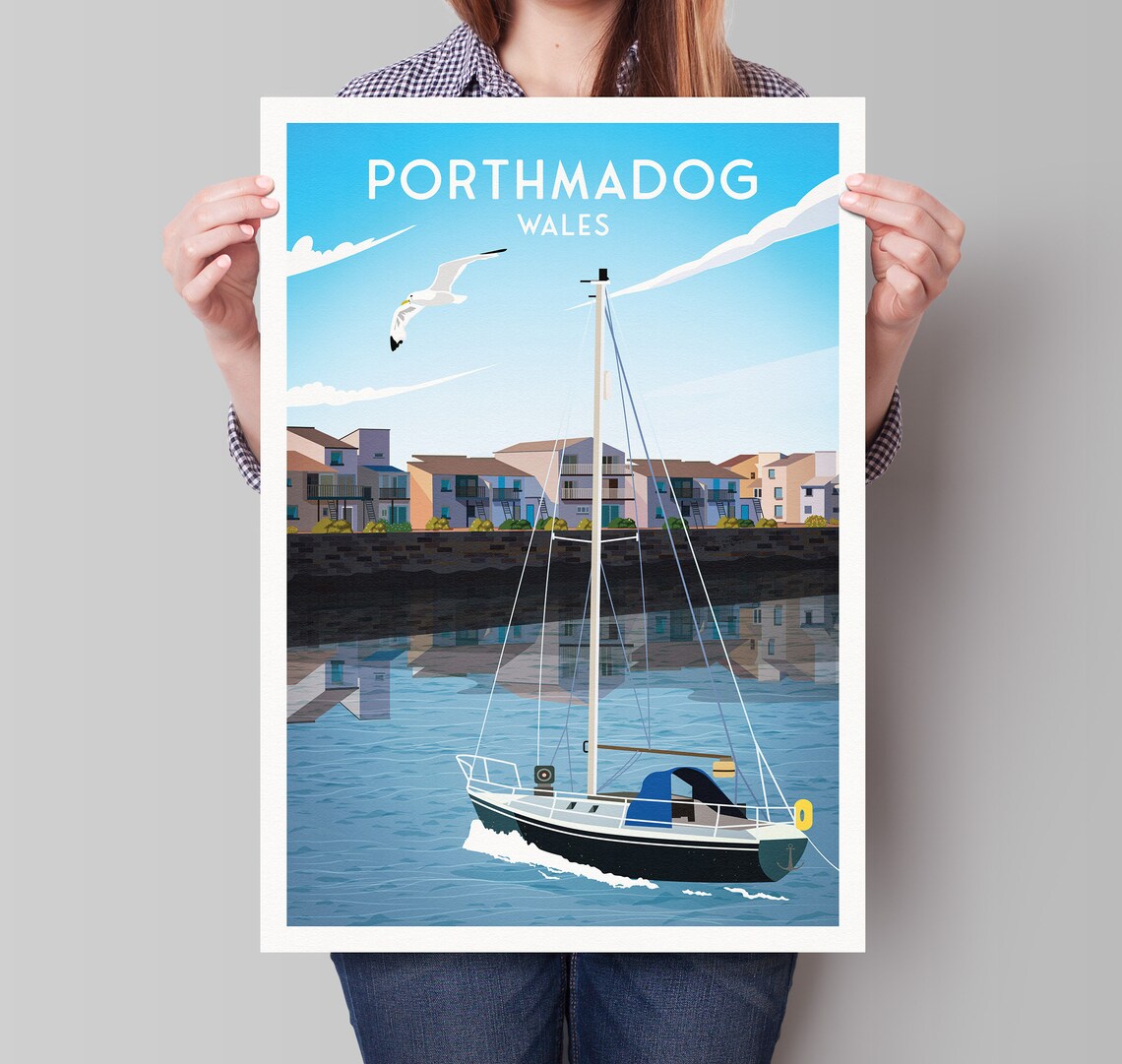 Porthmadog Welsh Travel Poster, Illustrated Art Print