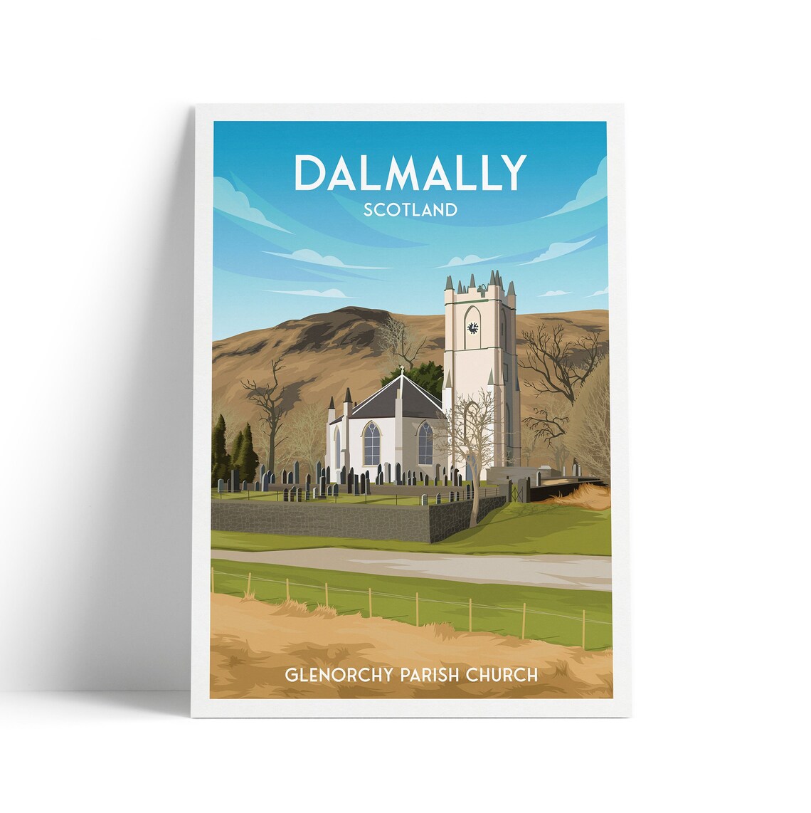 Dalmally Scotland Travel Poster with Glenorchy Parish Church