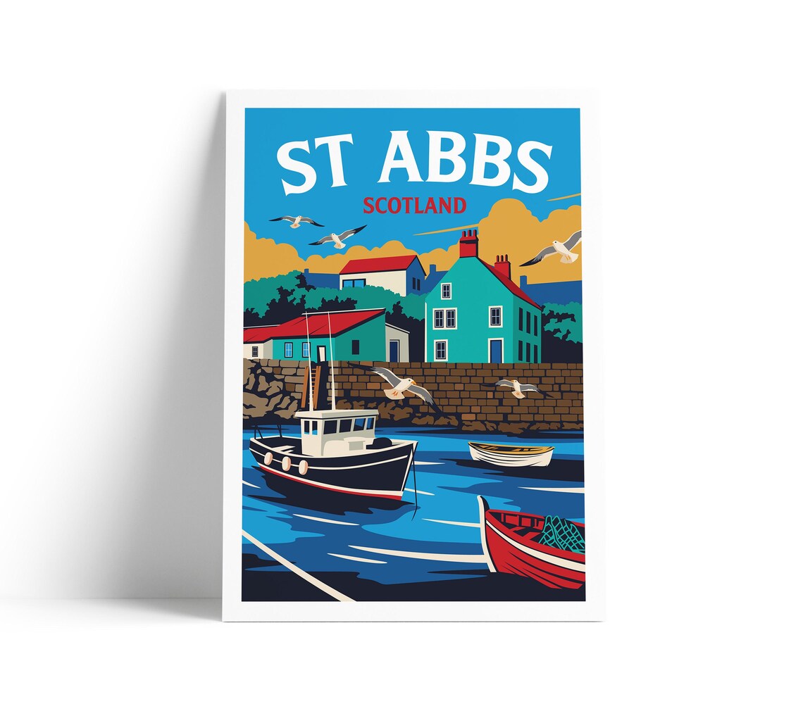 St Abbs Scotland Harbor Fishing Boats Cottages Retro Travel Poster