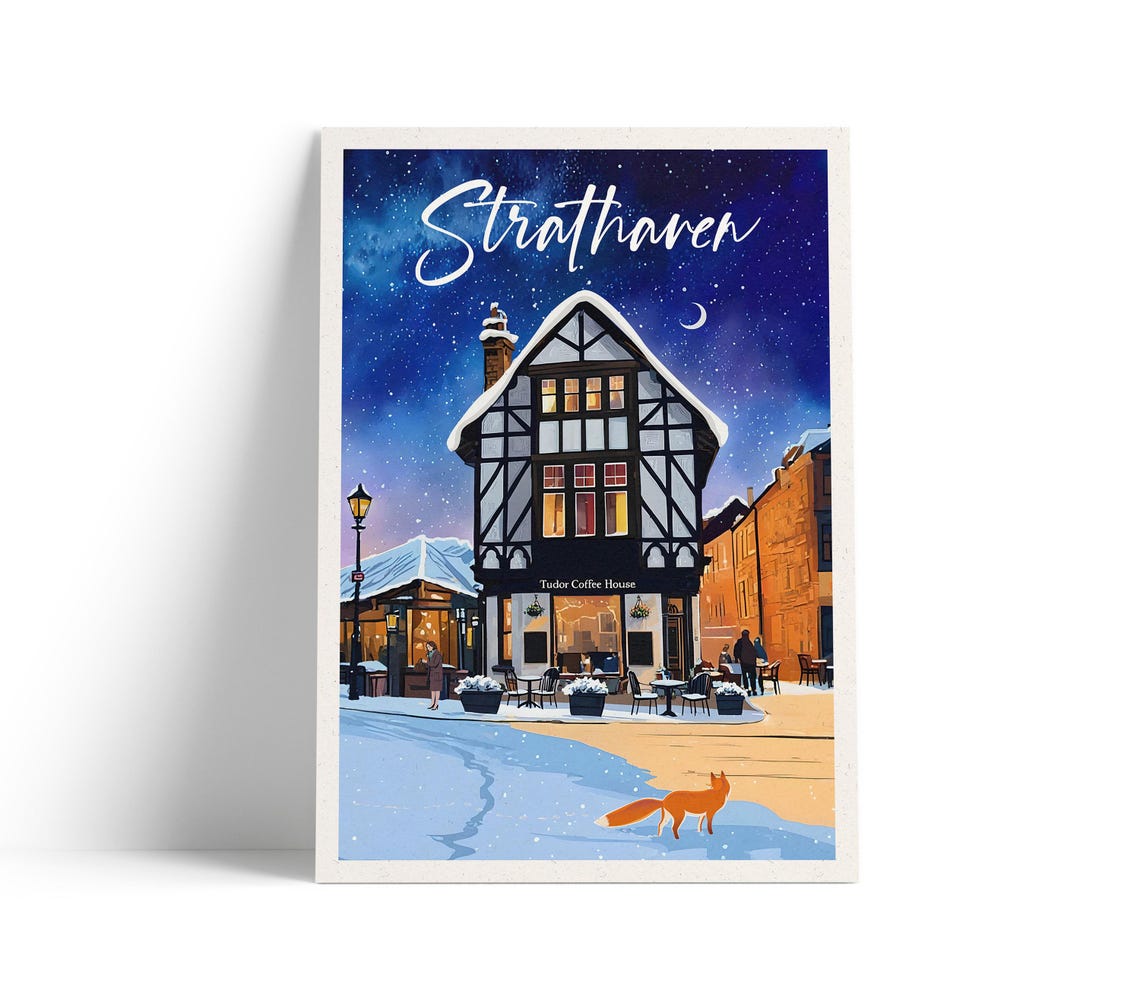Strathaven Travel Poster Tudor Coffee House On A Starry Winters Evening