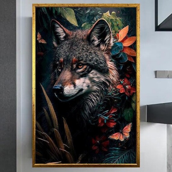 Wolf Portrait Among Dark Flowers And Butterflies Forestcore Poster