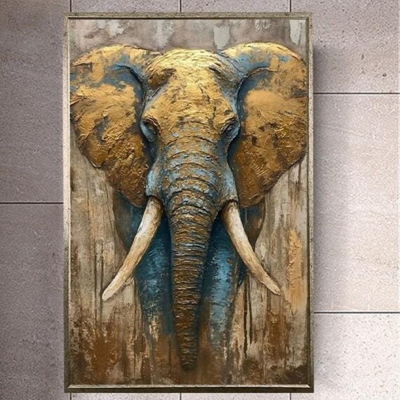 Textured Gold Blue Elephant Head Rustic Impasto Wildlife Poster