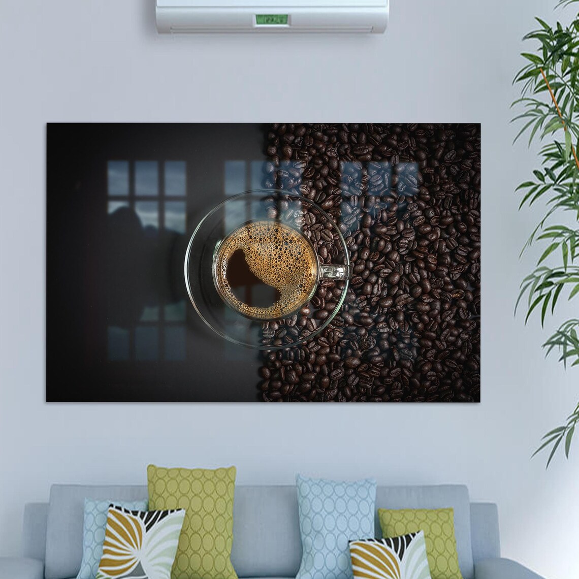 Top Down Espresso Cup on Roasted Coffee Beans Dark Moody Kitchen Poster