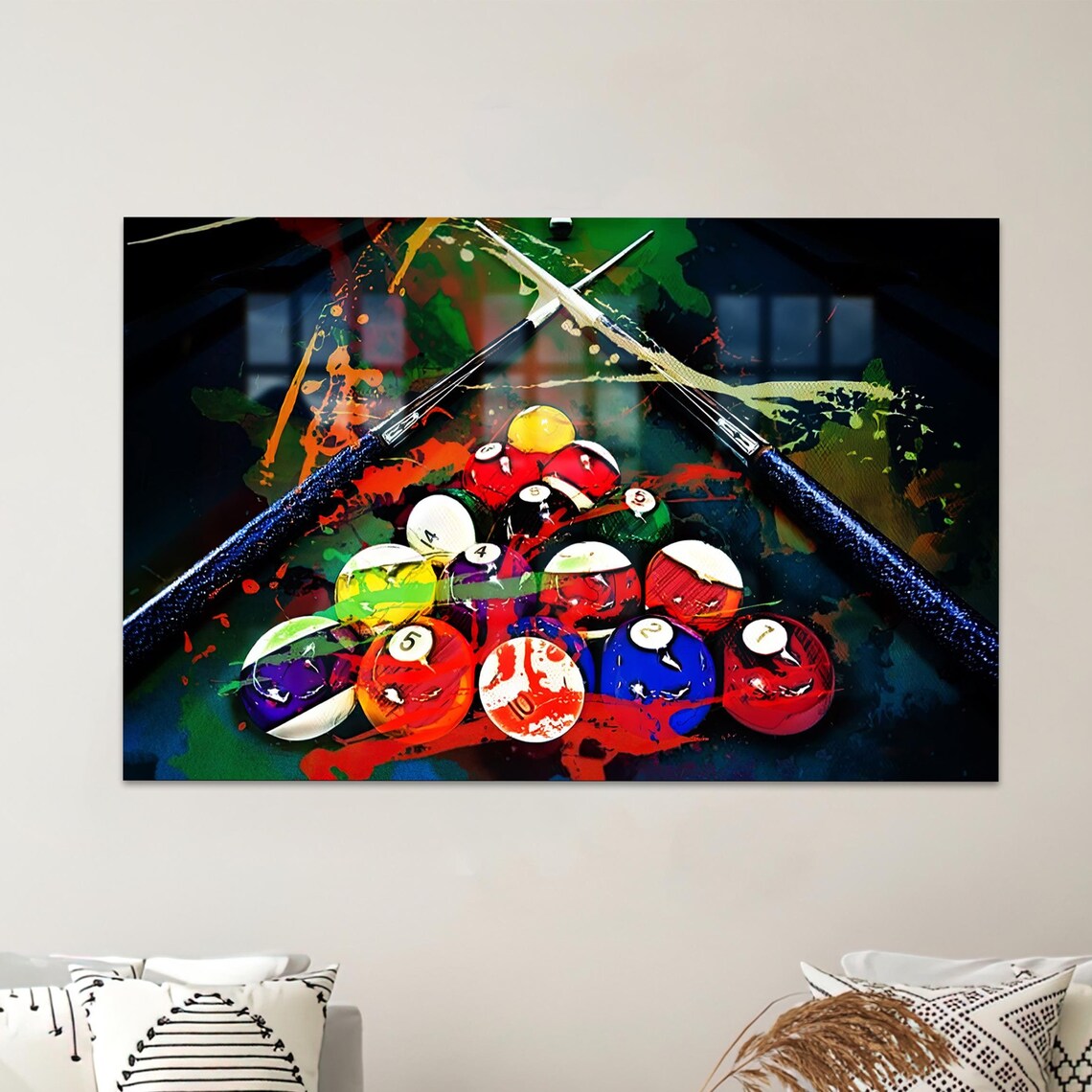 Racked Billiards Balls Crossed Cues Grunge Splash Pool Game Room Art Poster