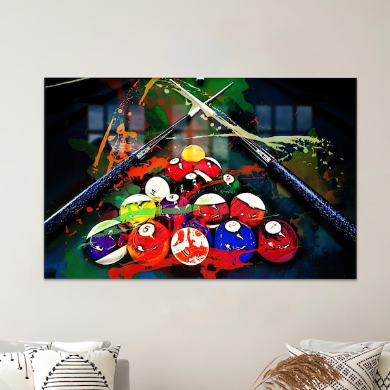 Racked Billiards Balls Crossed Cues Grunge Splash Pool Game Room Art Poster