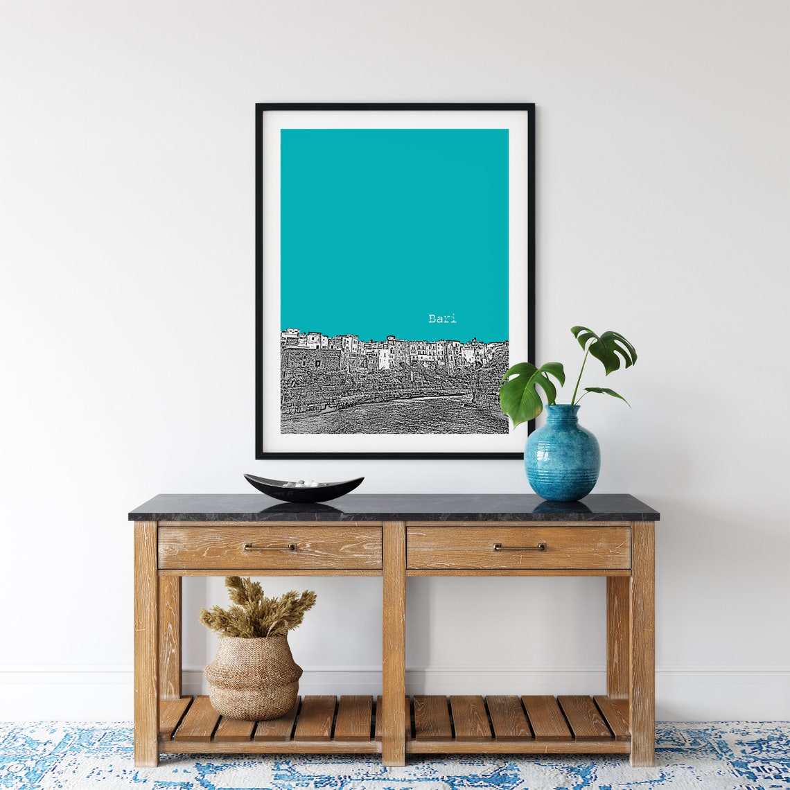 Bari Turquoise Pop Art Cliffside Old Town Sketch Print Travel Decor - Image 2