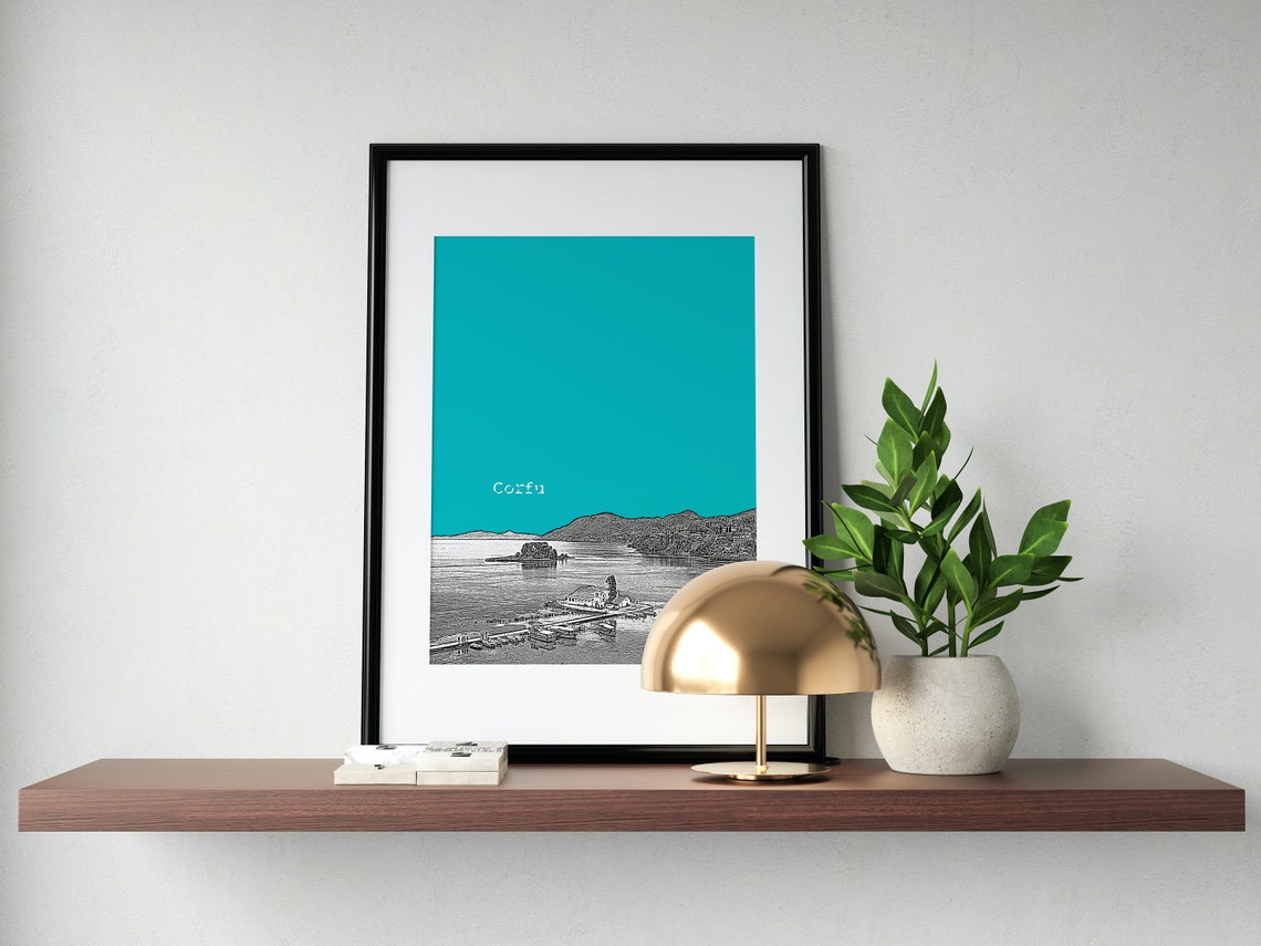 Corfu Greece Teal Skyline City Print Minimal Modern Wall Decor