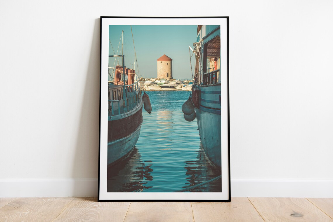 Rhodes Harbor Boats Windmill Tower Greece Photography Poster