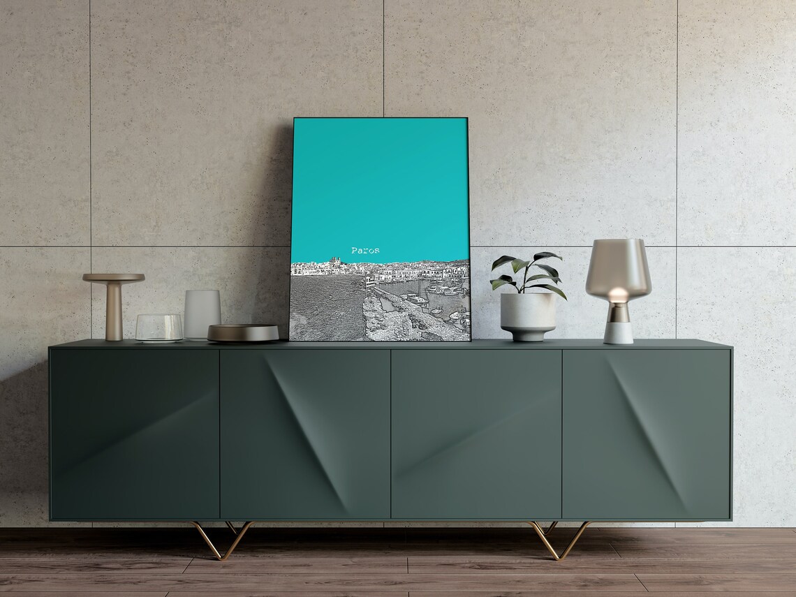 Paros Greece Harbor Color Block Poster With Custom Sky Color Option - Image 3