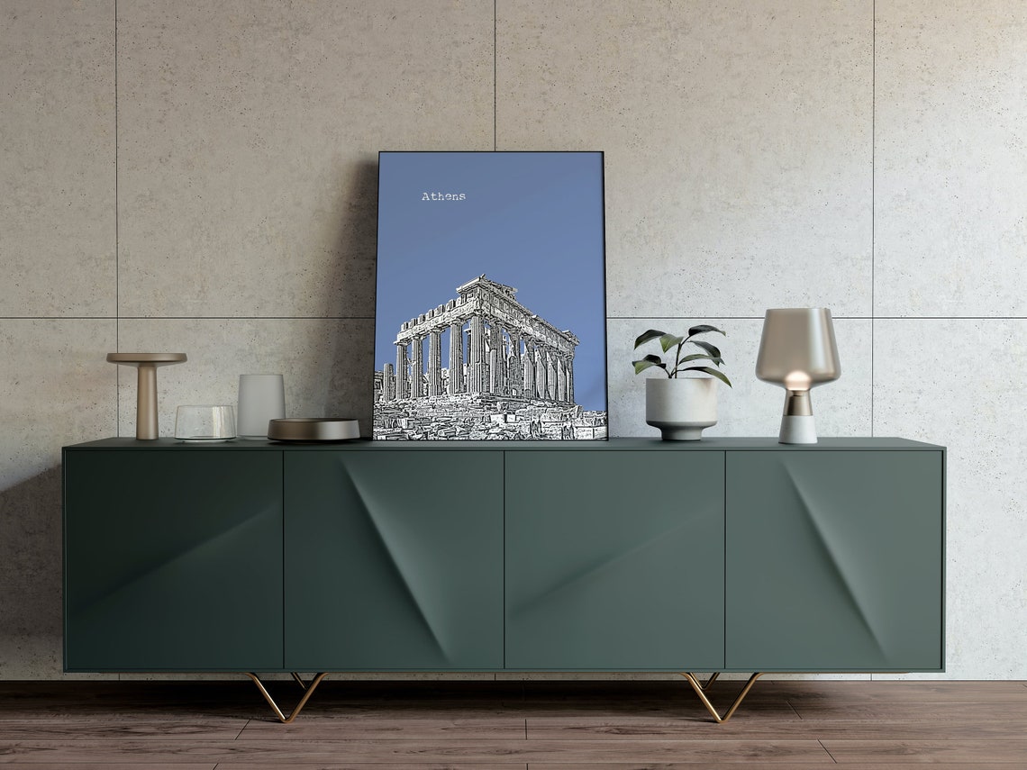 Athens Blue Pop Art Parthenon Ancient Columns Sketch Print Decor - Image 2