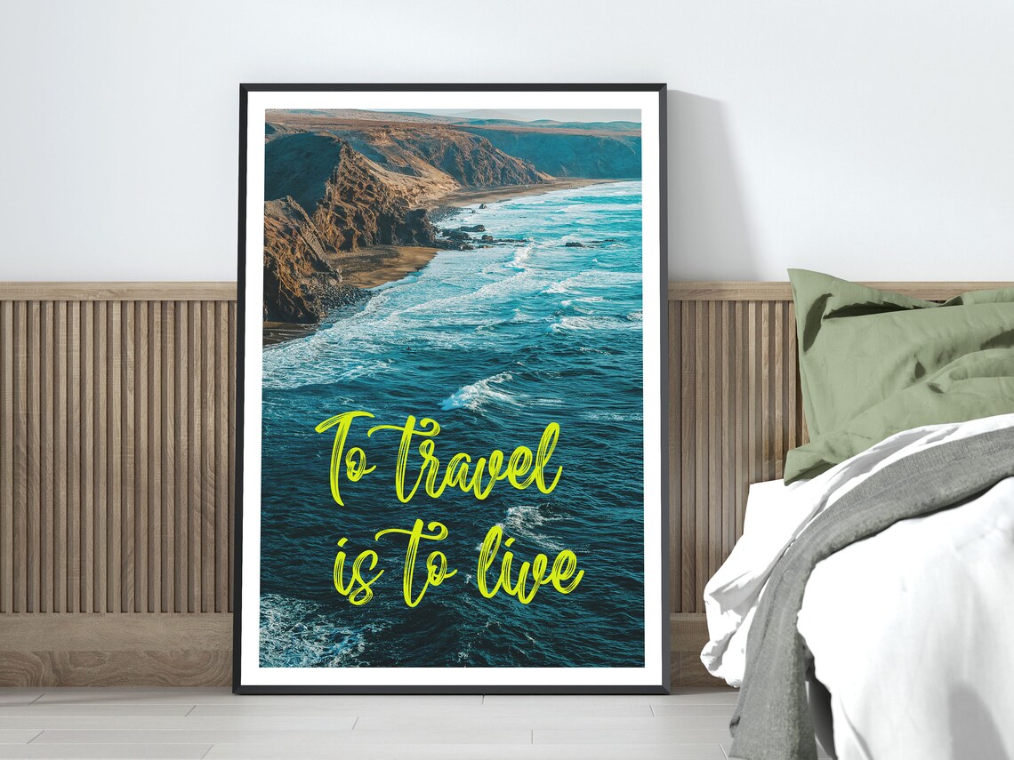 To Travel Is To Live Quote Turquoise Ocean Coast Photography Poster - Image 4