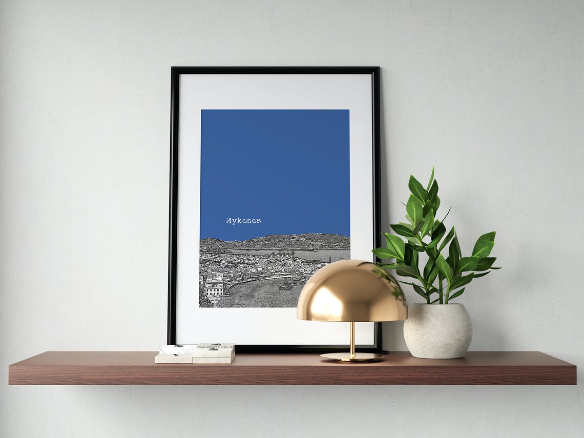 Mykonos Blue Pop Art Greek Island Harbor Town Sketch Print Decor
