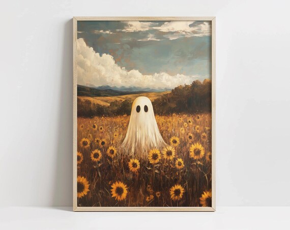 Vintage In Sunflower Field Art Halloween Landscape Spooky Fall Decor Rustic Country Wall Season