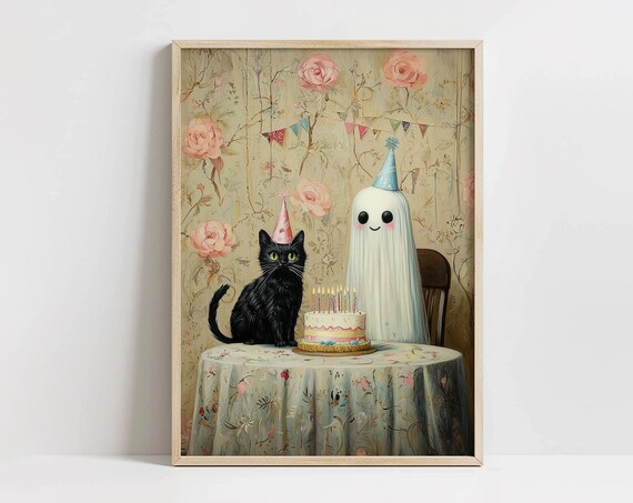 Cute Halloween Birthday Art And Cat Vintage Party Spooky Season Print