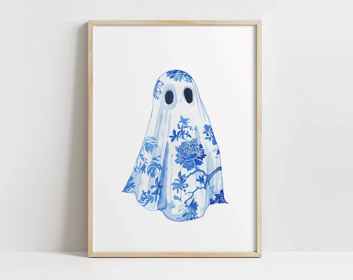 Blue Floral Halloween Wall Art, French Country Decor
