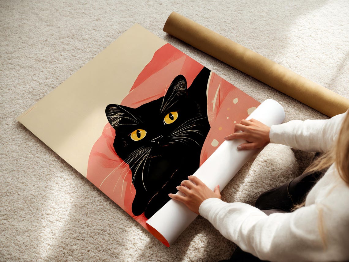 Black Cat Under Pink Blanket Cozy Cute Yellow Eyes Pet Poster - Image 3