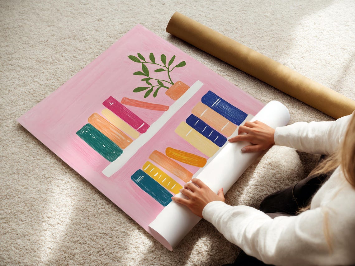 Pastel Bookshelf Wall Art Pastel Girls Bookshelf Painting Library Girly Rainbow Book Lover Cozy Reading Nook Print Pink Art - Image 3