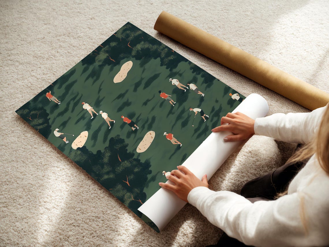Tiny Golfers On Aerial Green Golf Course Fairway Illustration Poster - Image 2