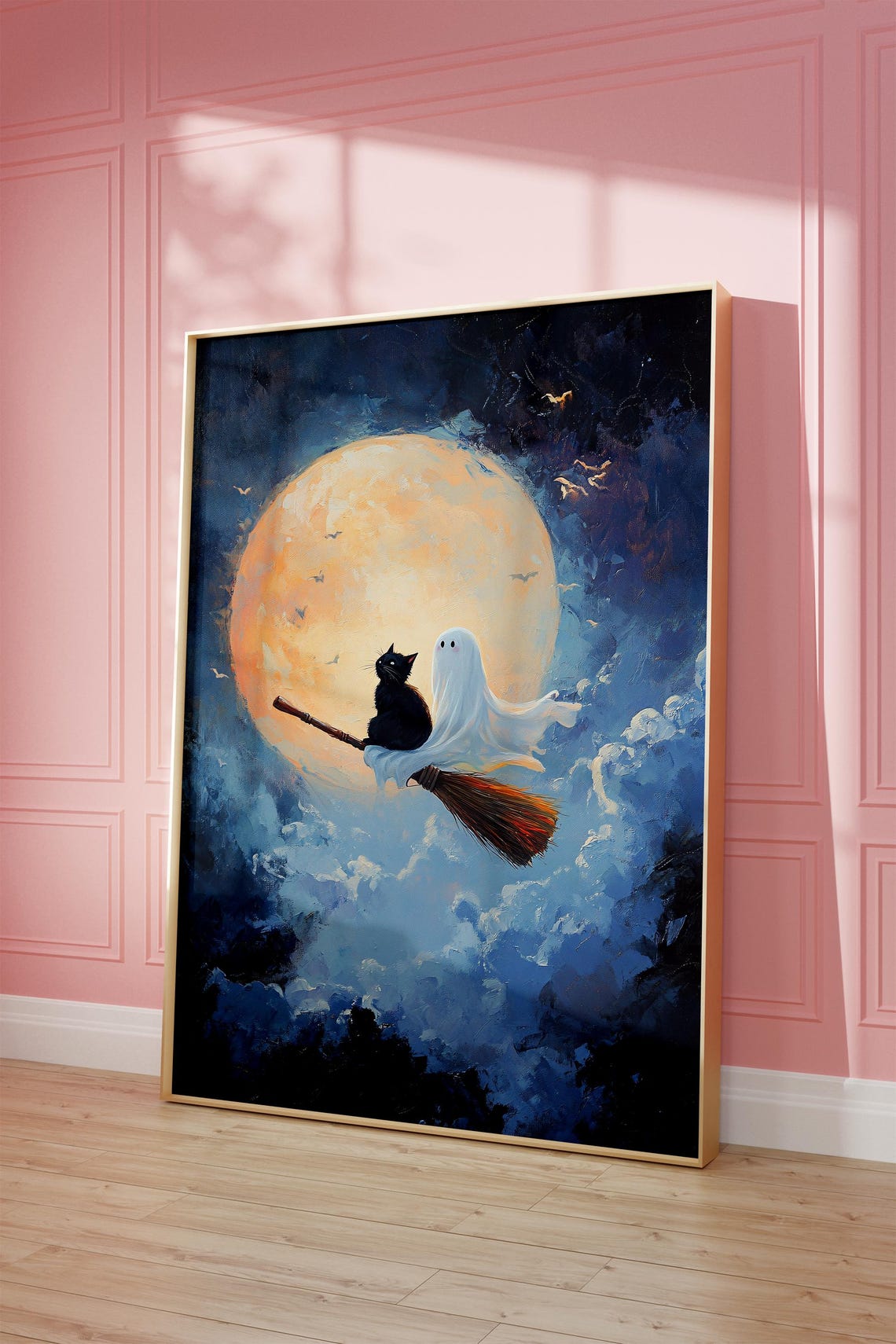 Black Cat and Ghost Flying Broomstick Full Moon Halloween Night Poster
