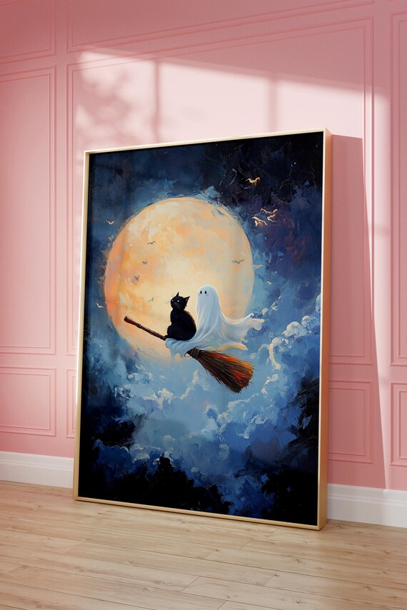 Black Cat and Ghost Flying Broomstick Full Moon Halloween Night Poster
