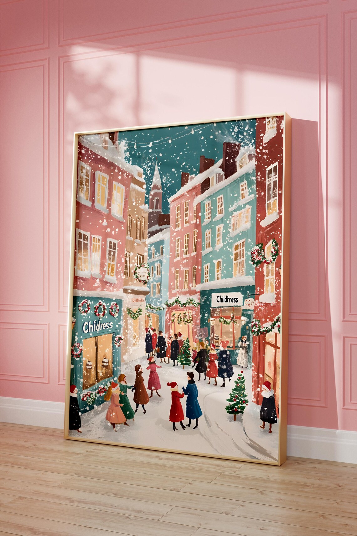 Snowy Christmas Shopping Street Childress Storefront Festive Poster