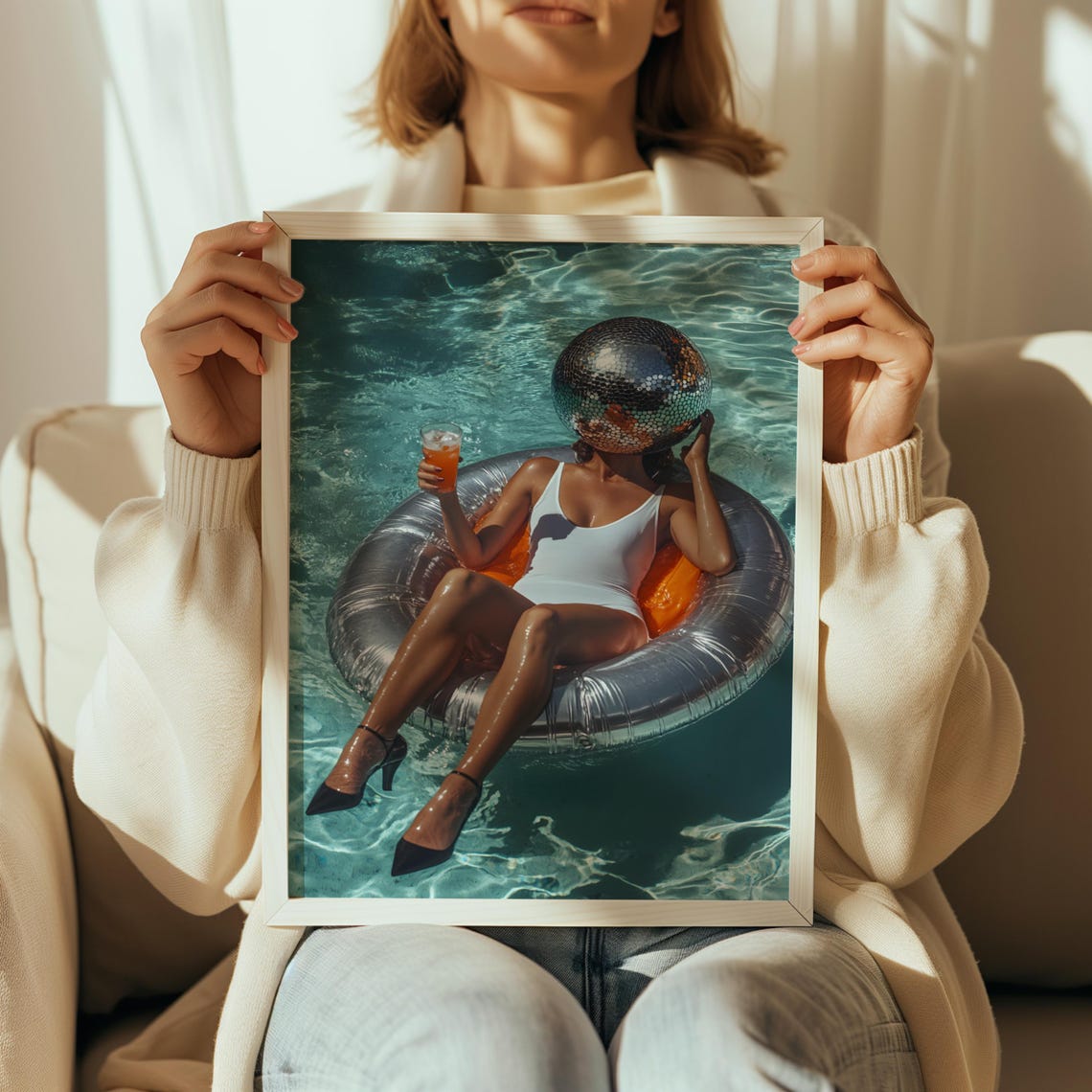 Disco Ball Head Woman Floating On Pool Float Party Fun Poster - Image 2