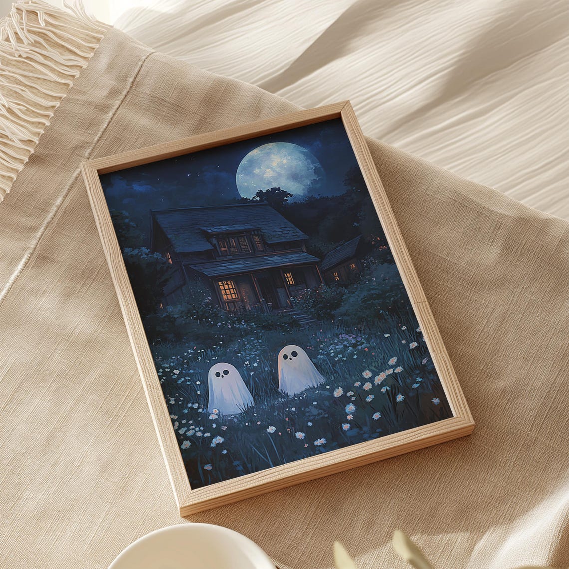 Two Cute Ghosts in Moonlit Flower Garden Spooky Night House Poster - Image 2