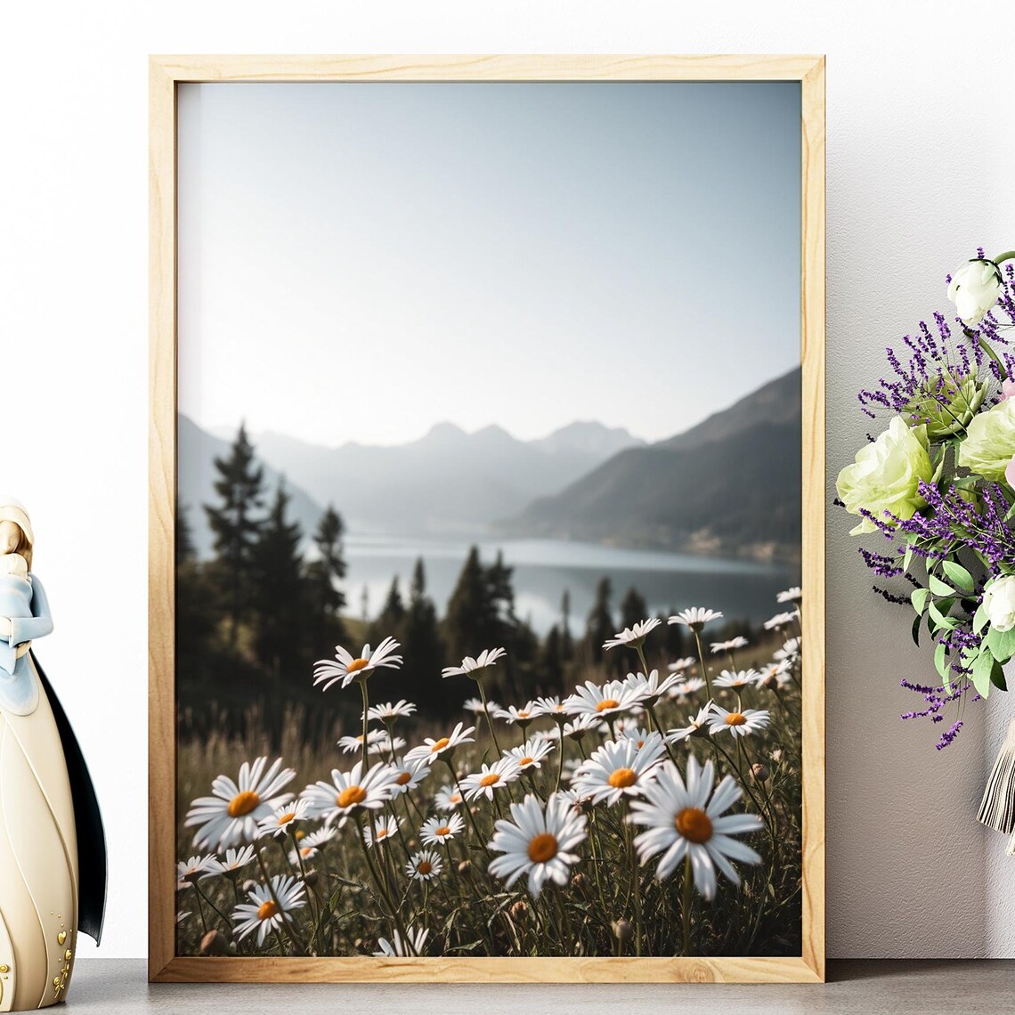 White Daisy Wildflowers Meadow Mountain Lake View Photography Poster