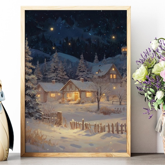 Snowy Village at Night with Glowing Windows and Starry Sky Poster