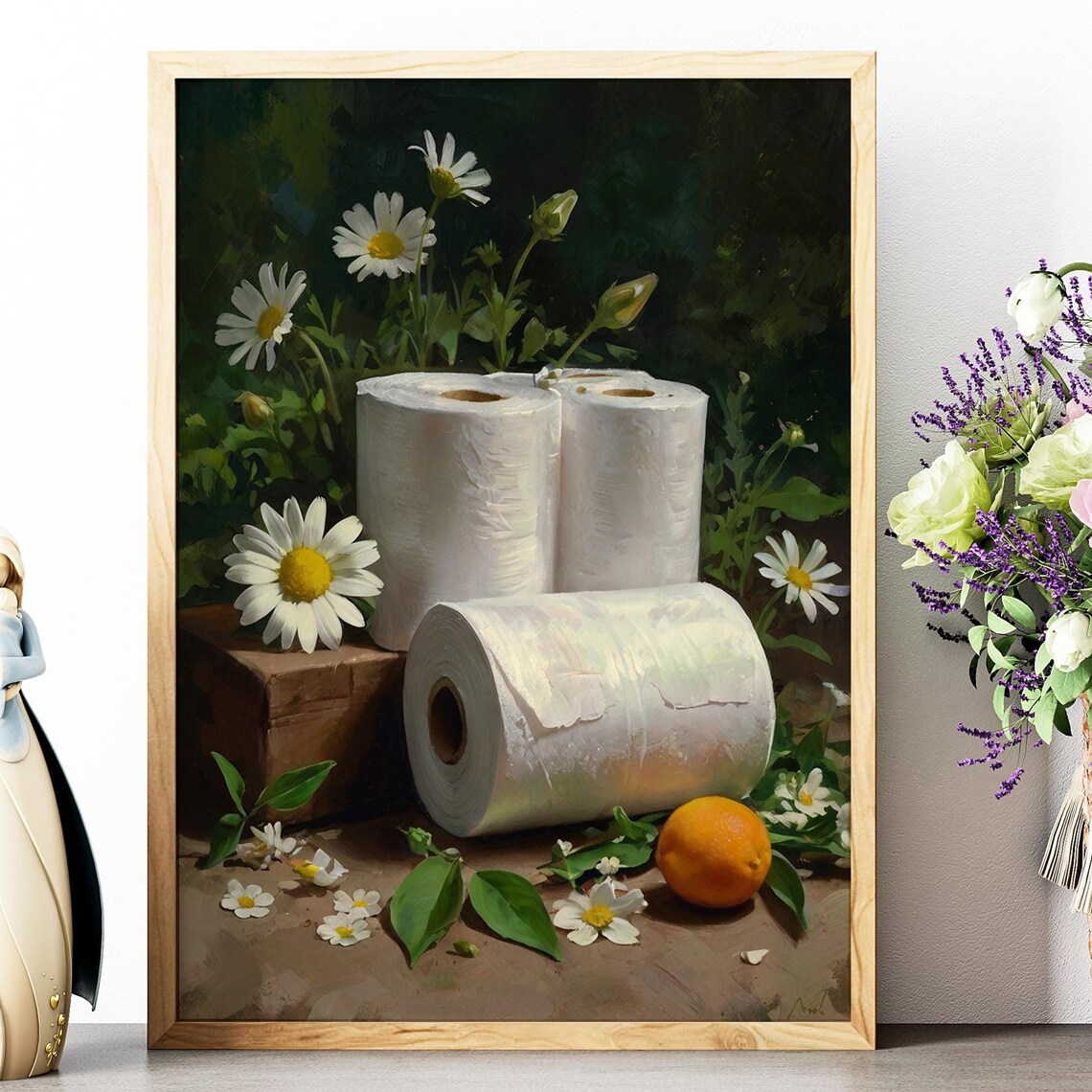 Toilet Paper Rolls With Daisies Funny Bathroom Still Life Art Poster