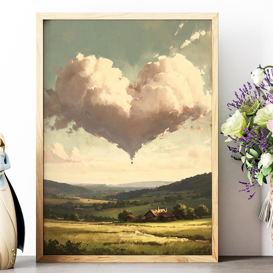 Heart Shaped Cloud Over Rustic Valley Vintage Landscape Art Poster