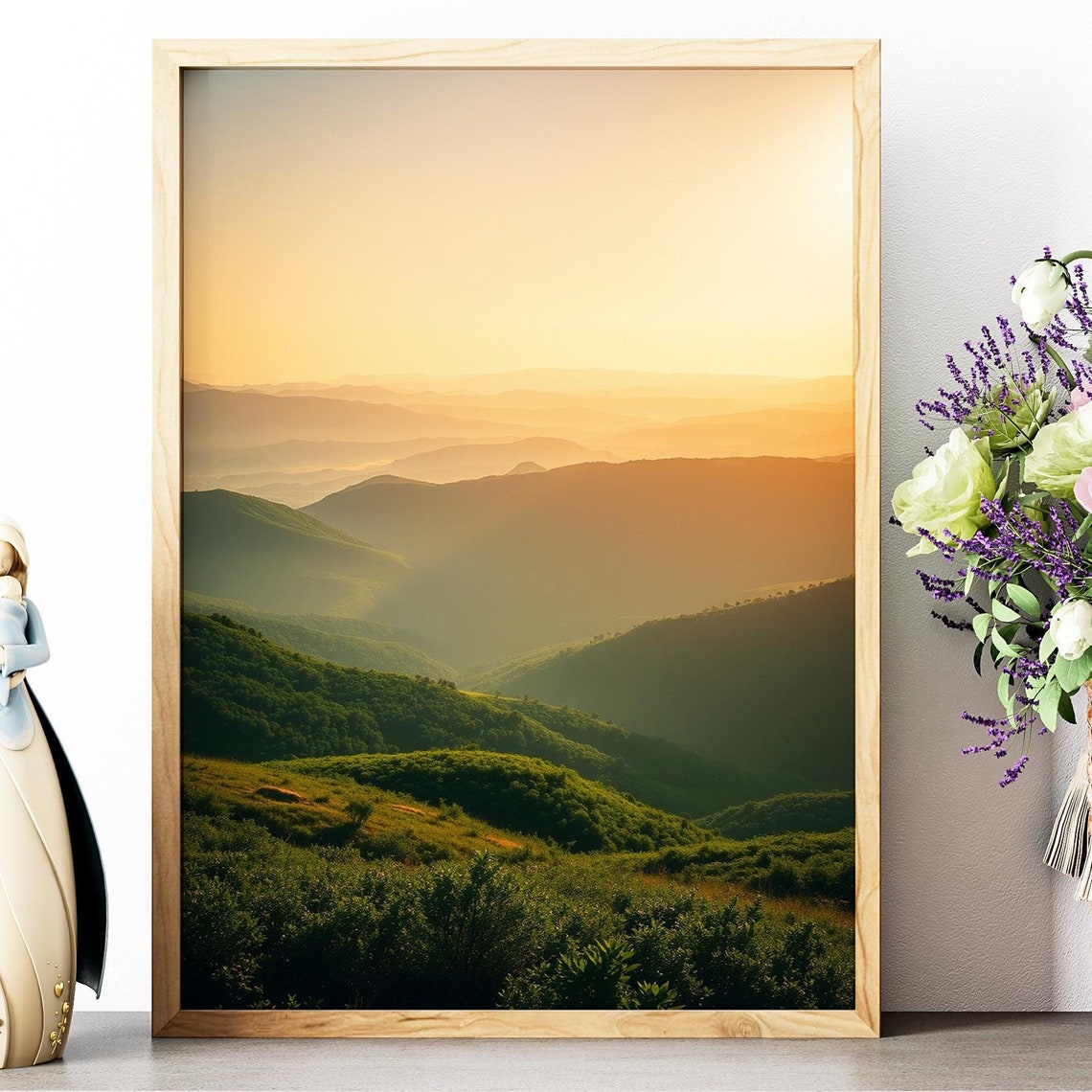 Golden Sunrise Rolling Green Mountain Ridges Layered Hills Poster