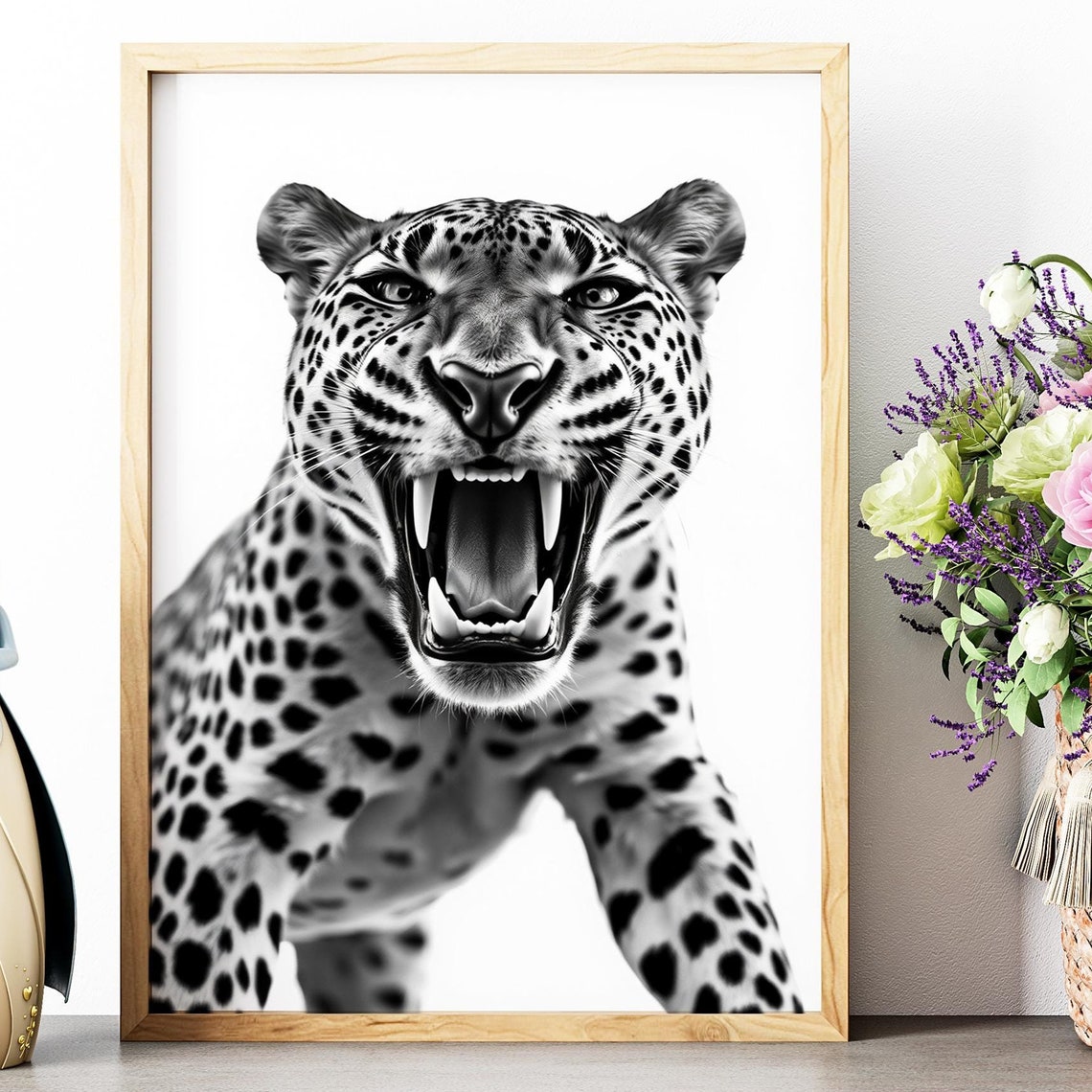 Leopard Roaring Black and White Wild Cat Animal Photography Wall Art