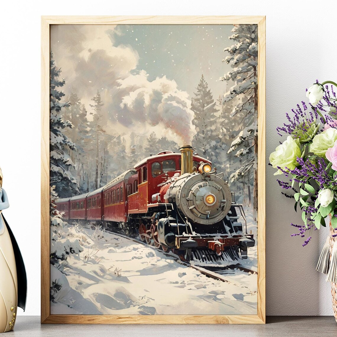 Vintage Red Steam Train in Snowy Forest Winter Holiday Wall Art Poster
