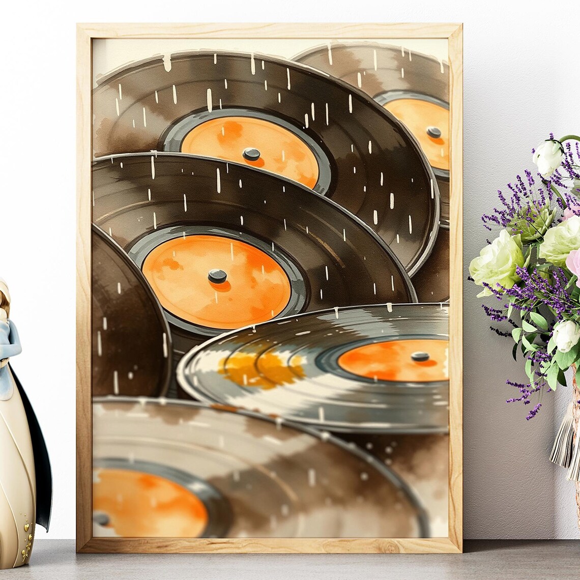 Stacked Vinyl Records Orange Labels Rainy Day Watercolor Music Poster