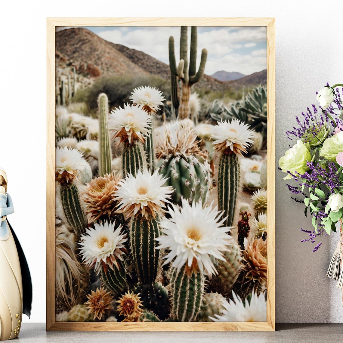 Blooming Cactus Flowers White Blossoms Desert Saguaro Photo Poster