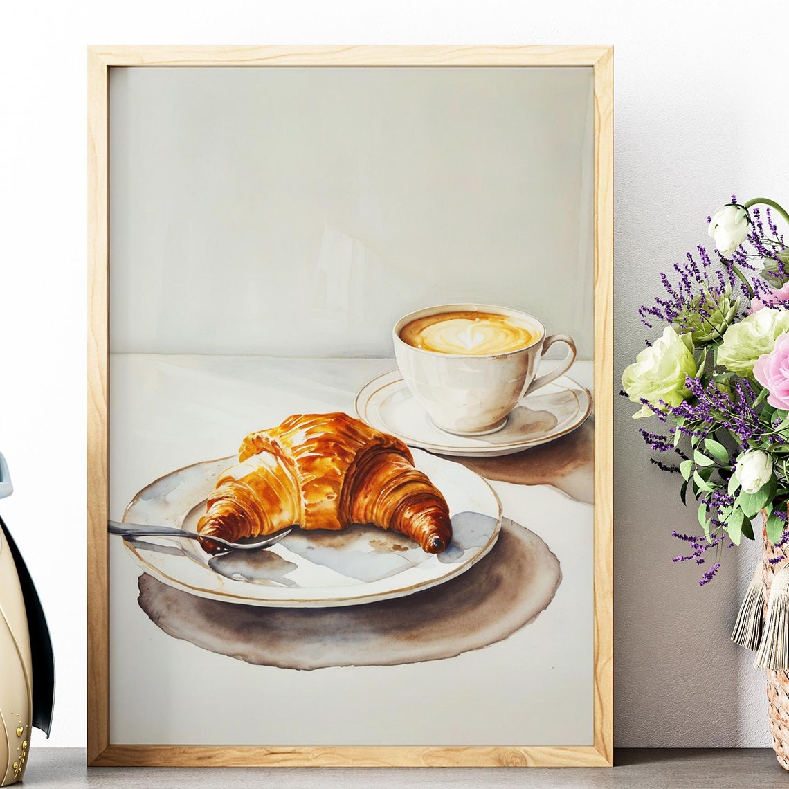 Croissant And Latte Coffee Cup Watercolor Kitchen Breakfast Print