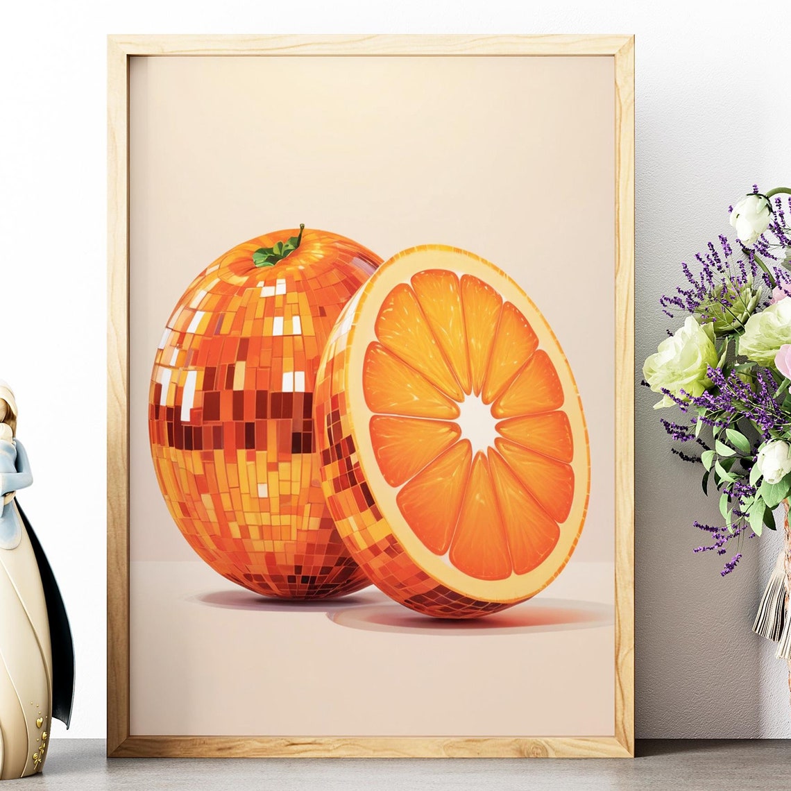 Disco Ball Orange Fruit Mirror Tile Retro Dopamine Kitchen Poster