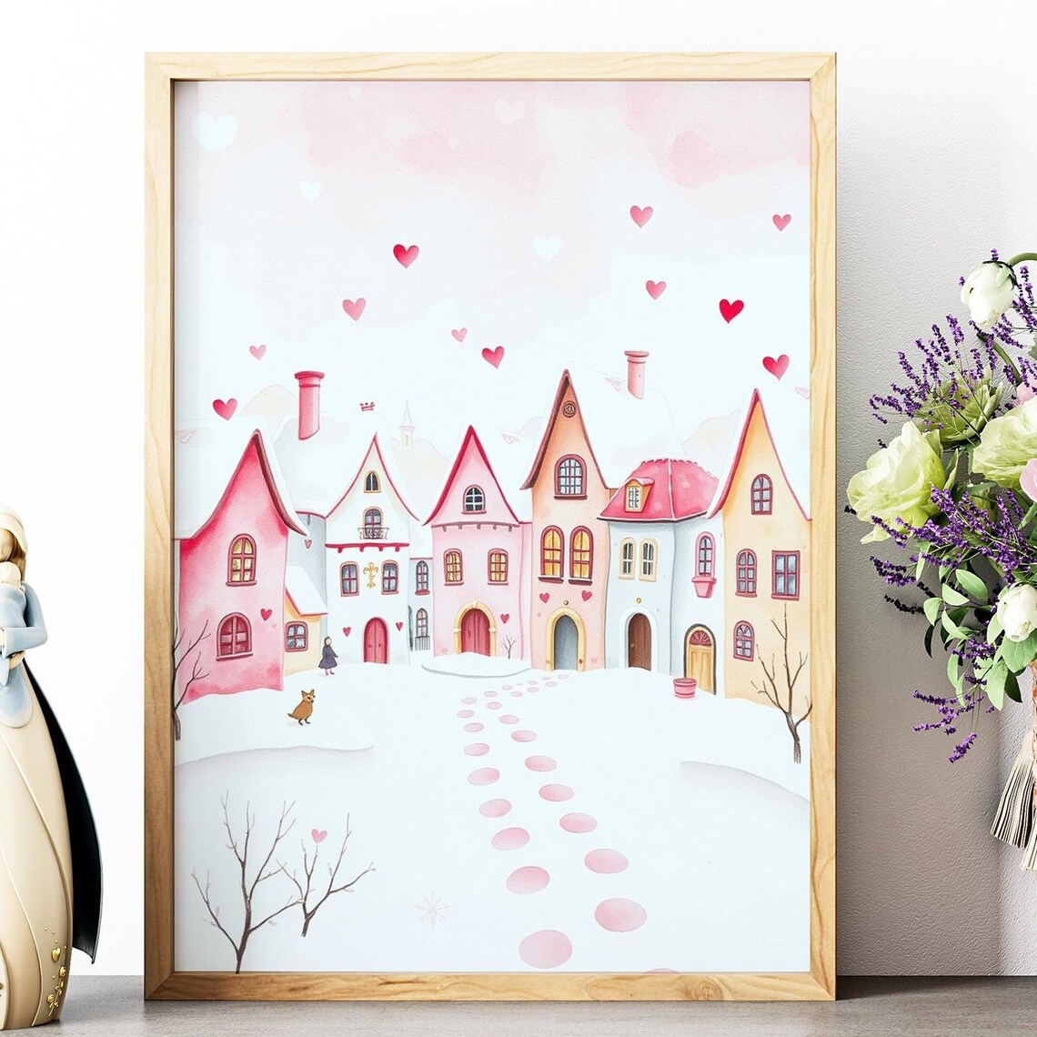 Pink Valentine Village Snowy Street Falling Hearts Watercolor Poster