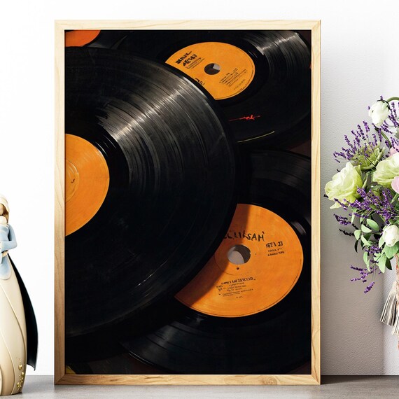 Vinyl Records Orange Labels Close Up Grooves Retro Music Photo Poster